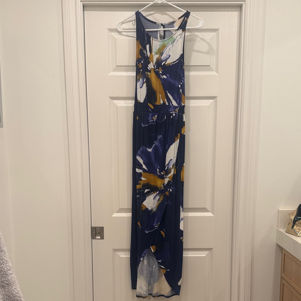 Sleeveless Navy Floral Maxi Dress With Mustard Accents